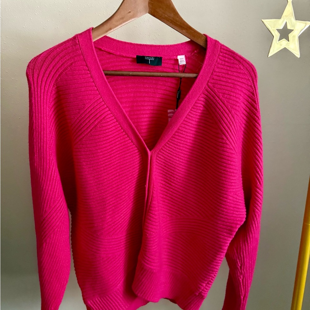Tahari Fuchsia Ribbed Cardigan Sweater NWT Medium | Bright Pink V-Neck - Picture 2 of 12